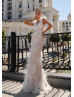 Beaded White Lace Feather Wedding Dress With Removable Train